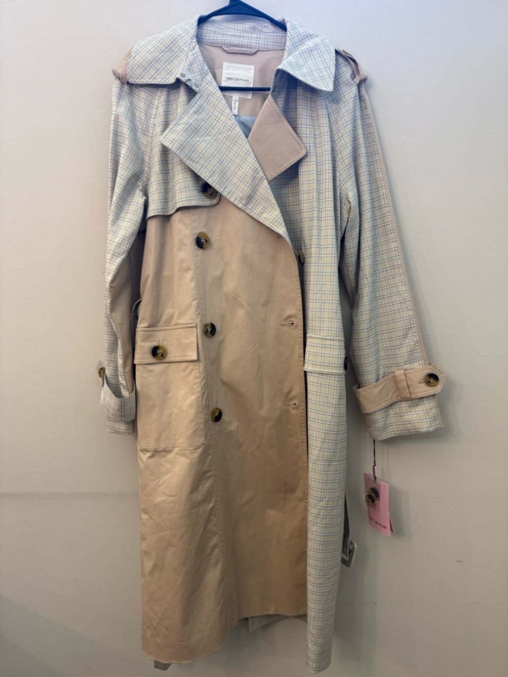Avec Les Filles Trench Coat Small Colorblock Plaid Beige Blue NWT